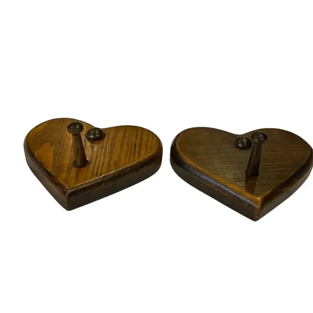 Pair Of 80s Oak Wooden Cut out HEARTS Shaped Coat Hook Peg Country Farmhouse